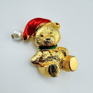 Vintage Teddy Bear Santa Hat Brooch Christmas Holiday Festive Winter Delight